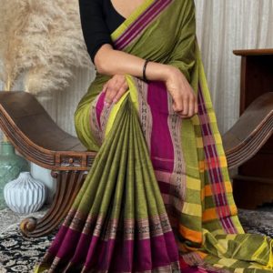 Narayanpet Pure Cotton Saree handloom made with dual tone border-Green