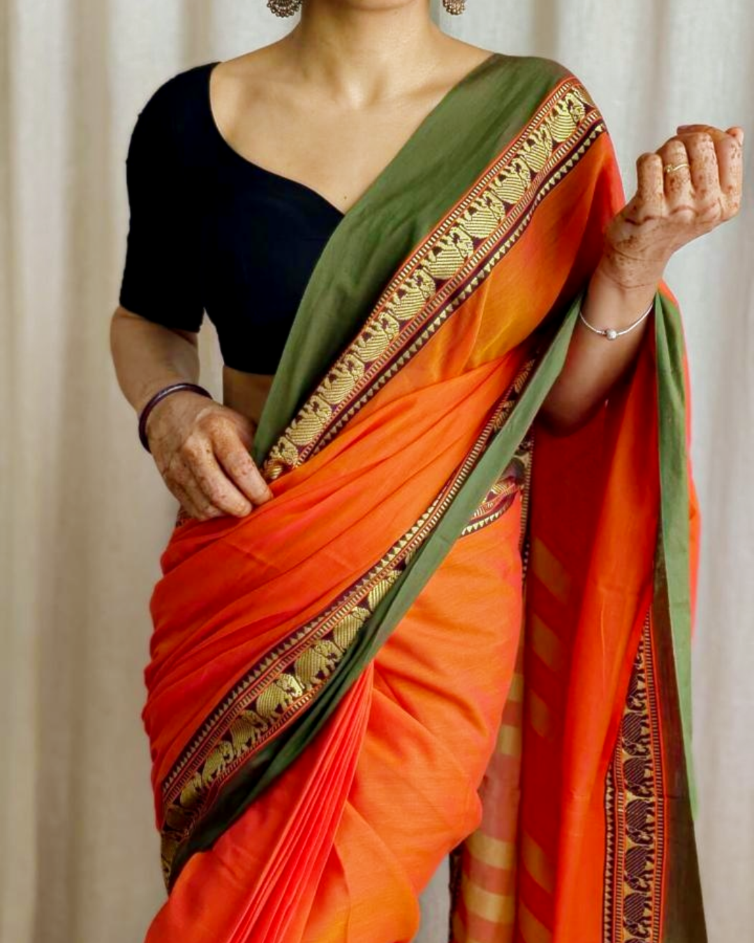 Buy Black (Orange Border) Handwoven Bengali Tant Cotton Saree (With Blouse)  Zari Border 14116 | www.maanacreation.com